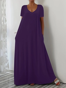 Women's V-neck dark purple maxi dress with short sleeves and loose A-line silhouette
