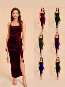 Elegant Velvet Cowl Neck Maxi Dress Ruched Side Slit Slim Fit Camisole Evening Gown For Party Wedding Guest Women Dress