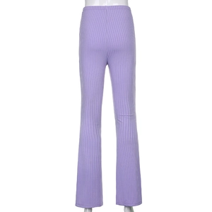 Detailed close-up showing the vertical ribbed texture of light purple high waist flared trousers