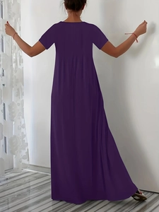 Back view of a purple short-sleeved maxi dress in a casual loose fit and straight cut