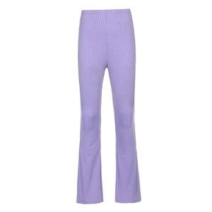 Detail view of high waist lavender ribbed knit flare pants with vertical texture finish