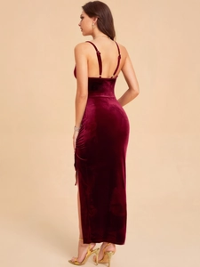Elegant wine red velvet maxi dress with slit and open back for summer evening events