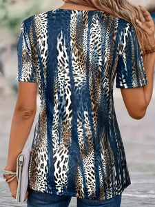 Back view of leopard and blue stripe print short sleeve t-shirt with crew neck