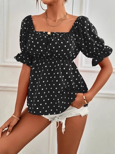 Women Plus Size Polka Dot Top Vintage Square Neck Puff Sleeve Ruffle Peplum Hem Retro Summer Casual Blouse Shirt Black Red