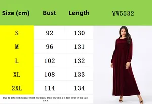 Size chart for velvet long sleeve maxi dress including bust and length measurements