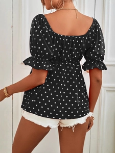 Women's black polka dot puff sleeve blouse with square neck and open back design