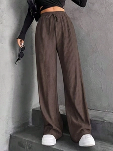 Pantalon large pour femme à taille haute, marron plissé avec cordon de serrage