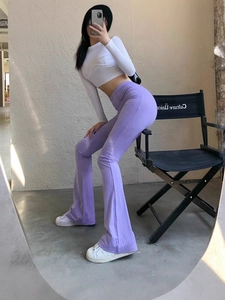 Women High Waist Flare Pants Elastic Ribbed Knit Solid Color Slim Fit Micro Bell Bottom Casual Long Trousers Streetwear