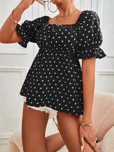 Polka dot puff sleeve top for women with square neckline and ruffled cuffs in black