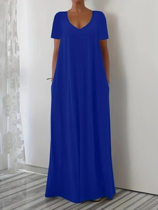 Front view of royal blue maxi dress with V-neck, short sleeves and side pockets