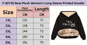 Size chart for oversized fleece hoodie showing chest circumference and length from 1XL to 5XL