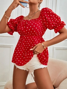 Red polka dot square neck top with puff sleeves and cinched waist for summer style