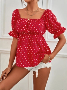 Red polka dot square neck puff sleeve top with high waist ruffle details for women