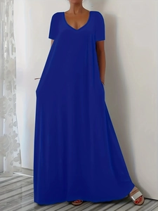 Deep blue V-neck maxi dress with short sleeves and side pockets in a loose A-line silhouette