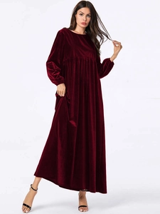 Robe Maxi en Velours Grandes Tailles Femmes Manches Longues Col Rond Couleur Unie Élégant Taille Haute Robe de Soirée Évasée