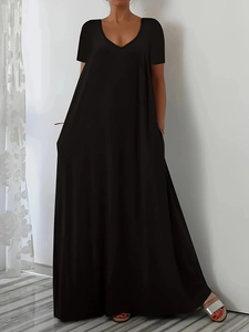 Women Plus Size V Neck Maxi Dress Short Sleeve Casual Loose Solid Color Dress With Pockets Polyester Summer Long Dress