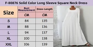 Tableau des tailles pour robe blanche à manches longues et col carré du S au XXL
