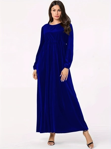 Elegant royal blue velvet long sleeve maxi dress with crew neck and A-line pleated waist