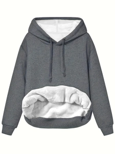 Women's dark grey hooded sweatshirt with white fleece lining and large kangaroo pocket