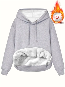 Women's grey fleece-lined hoodie with drawstring hood and warm kangaroo pocket detail