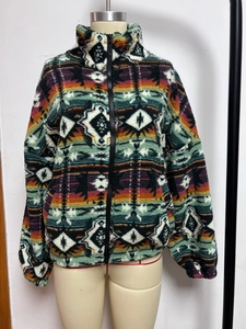 Fleece jacket with ethnic geometric print and high neck collar for winter warmth