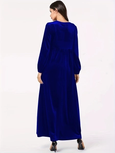 Elegant royal blue velvet long dress featuring a high waist and sophisticated back view