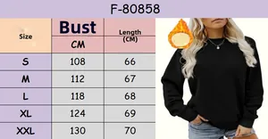 Size chart for crew neck sweatshirt showing chest and length for S-XXL with fabric detail