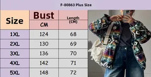 Size chart for plus size ethnic print fleece jacket with precise measurements