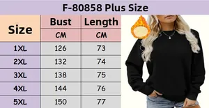 Size chart for women's plus size crewneck sweatshirt F-80858, sizes 1XL to 5XL with measurements