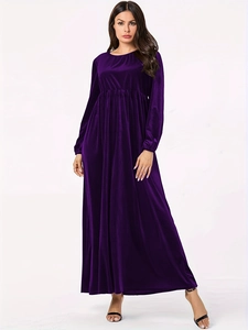 Elegant deep purple long sleeve velvet maxi dress with a round neck and gathered waistline