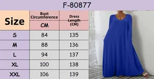 Size chart table for V-neck long sleeve casual maxi dress showing measurements S-XXL