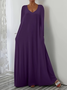 Women Casual Long Sleeve Maxi Dress Minimalist V Neck Solid Color Loose A Line Long Dress With Pockets Elegant Leisure Gown