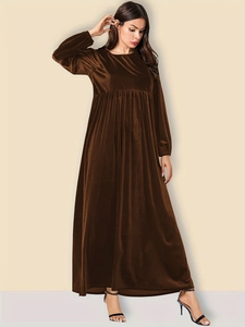 Elegant deep brown velvet maxi dress with long sleeves and pleated waist detail