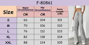 Size chart for gray striped wide-leg trousers with waist and length measurements in CM