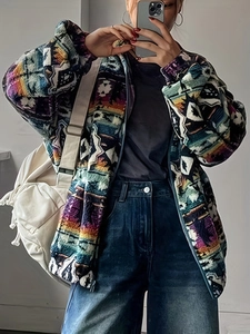 Women Plus Size Ethnic Geometric Print Fleece Jacket Winter Warm Zipper Up Loose Fit Bohemian Plush Outwear Jacket