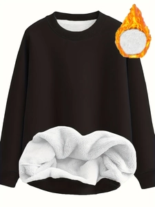 Women's crewneck long sleeve fleece sweatshirt in black with thick warm thermal lining