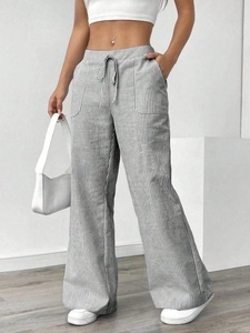 Women's Stripe Wide Leg Pants High Waist Drawstring Loose Casual Straight Trousers Minimalist Long Pants With Pockets