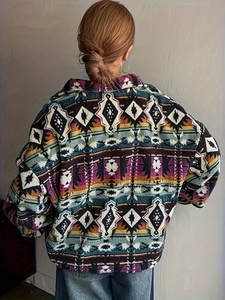 Fleece zip jacket with ethnic geometric prints and bohemian style for women