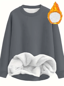 Women's dark grey crew neck sweatshirt with thick white fleece lining for winter warmth