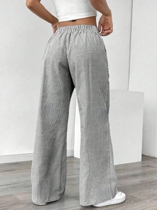 Women's casual high-waisted wide-leg pants with black and white vertical stripes pattern