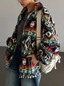 Ethnic print fuzzy fleece zip jacket with geometric patterns in a loose casual fit