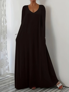 Elegant casual long sleeve black V-neck maxi dress with loose fit and ankle-length cut