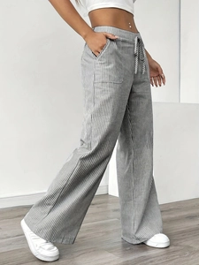 Women's high-waisted striped wide-leg pants with drawstring and loose straight-leg fit