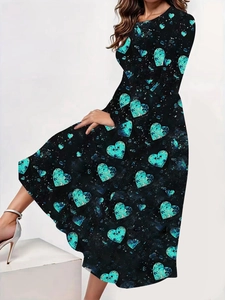 Vestido Midi Casual para Mujer con Estampado de Corazón Manga Larga Cuello Redondo Línea A San Valentino Elegante Moda