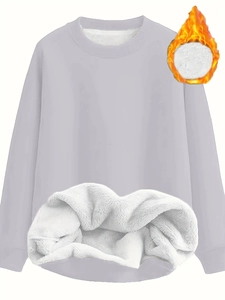 Women's minimalist solid crewneck sweatshirt with warm fleece lining in light grayish purple