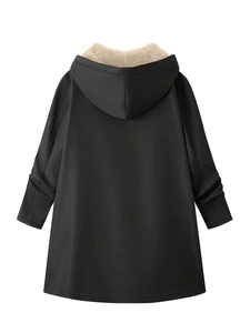 Back view of a long hooded jacket for women featuring warm white fleece lining