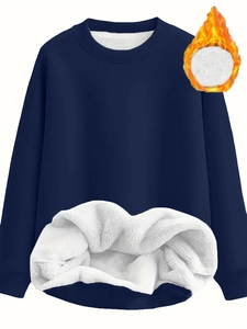 Navy blue crewneck fleece sweatshirt with warm thermal lining for women in winter
