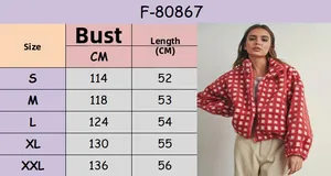 Detaillierte Größentabelle für Damen-Plüschjacke mit Karomuster und Maßangaben