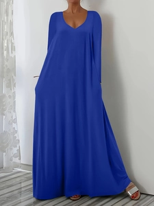 Minimalist dark blue V-neck long sleeve maxi dress with loose A-line silhouette