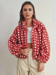 Mode Rot Kariert Lammfell-Imitat Jacke Für Damen Warm Plüsch Reißverschluss Stehkragen Mantel Herbst Winter Casual Outdoor Outwear